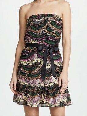 RIPE Strapless Mini Dress Ruffle Hem Ribbon Tie Black Multicolour Size 11
